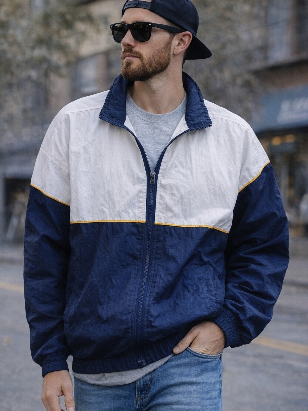 Vintage 90s Colorblock Windbreaker Jacket Made in USA Blue White Activewear